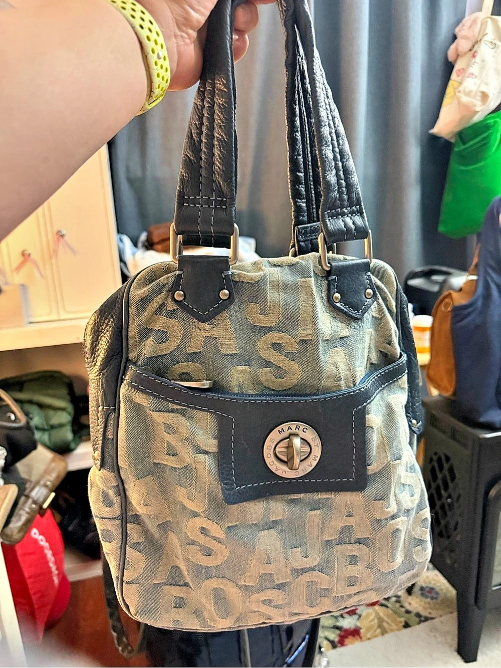 Vintage Y 2K Authentic Marc Jacobs Denim Satchel Bag in Blue & Gray